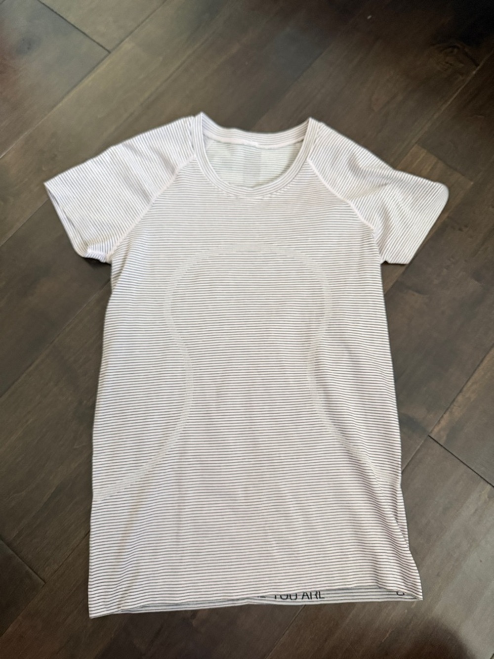 Lululemon Swiftly Tech white pink and black striped t shirt